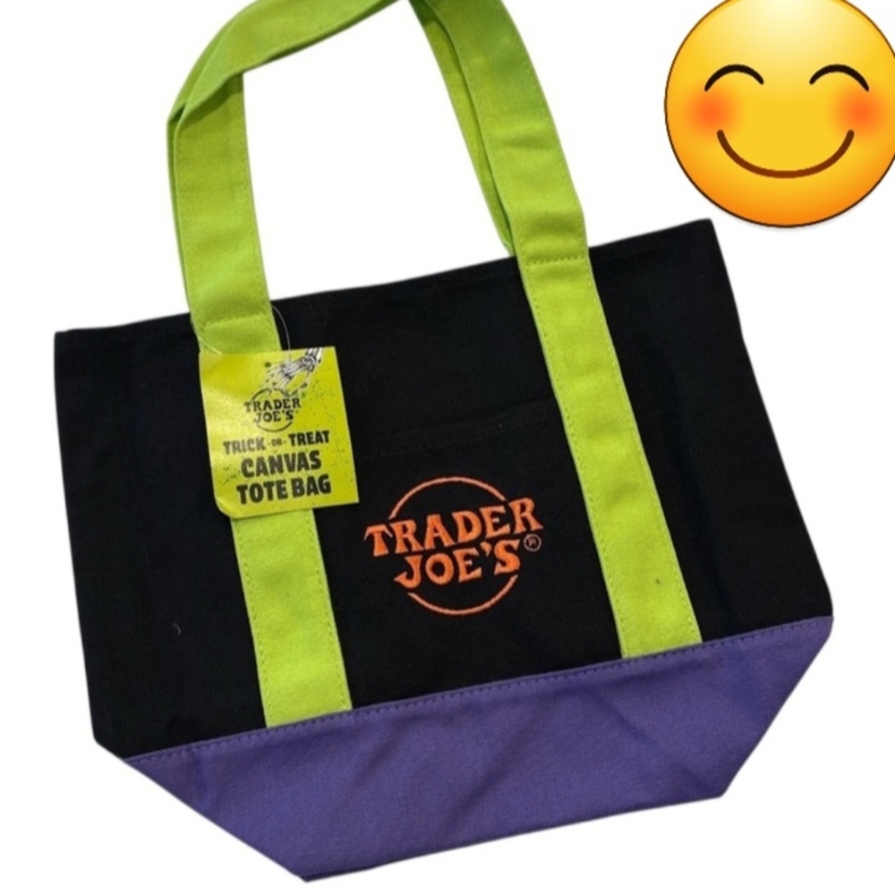 Trader Joe's Black and Purple Canvas Tote Bag